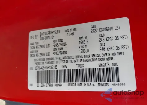 2005 Dodge Dakota Slt из США, поврежденный, VIN 1D7HW42N45S199105